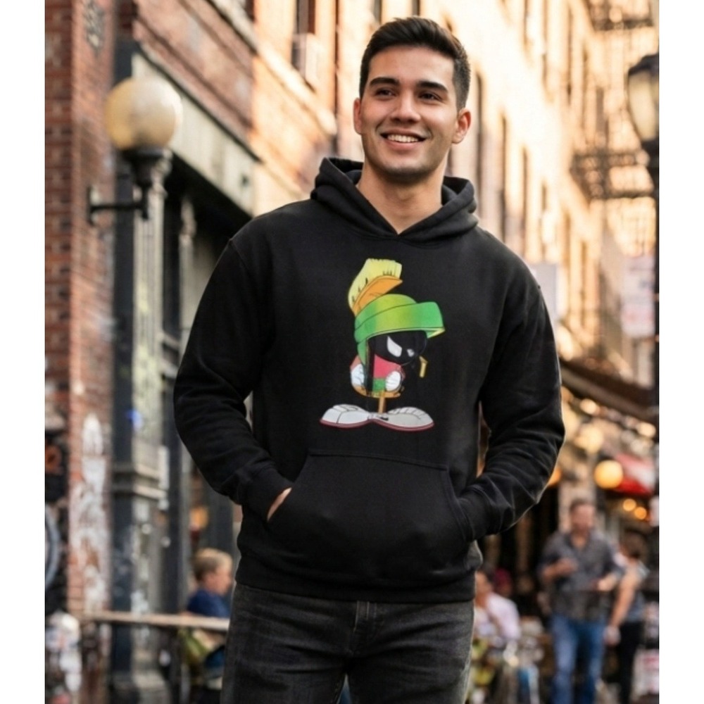 Marvin the Martian Hoodie Men 2XL Black Looney Tunes Graphic Sweatshirt